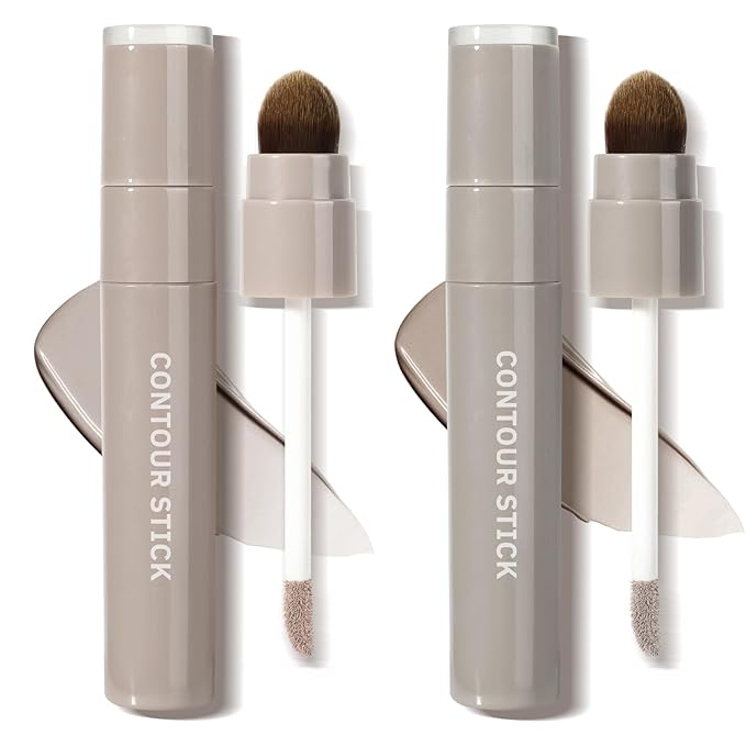 2PCS Cool Toned Liquid Contour Stick with Brush, Natural & Cool Grey Brown Cream Contour Bronzer Makeup Stick for Long Lasting Blendable Matte Face Nose-Contour Makeup, Contorno Maquillaje (#01+#02)