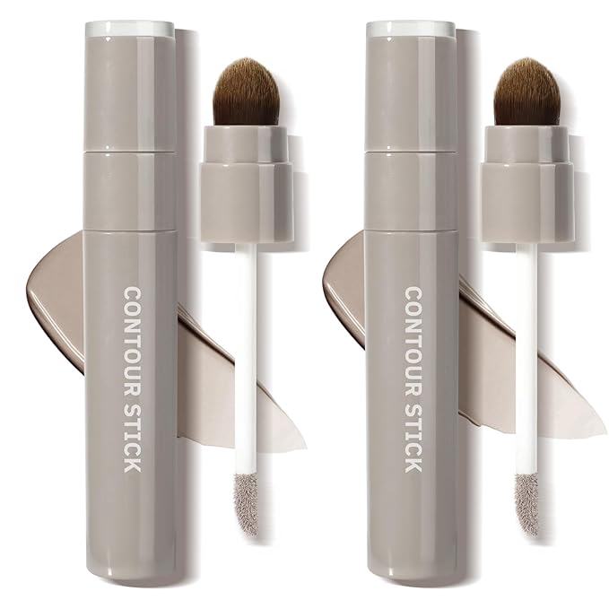 2PCS Cool Toned Liquid Contour Stick with Brush, Cool Grey Brown Cream Contour Bronzer Makeup Stick for Long Lasting Blendable Matte Face Nose-Contour Makeup, Contorno Maquillaje (#01+#01)