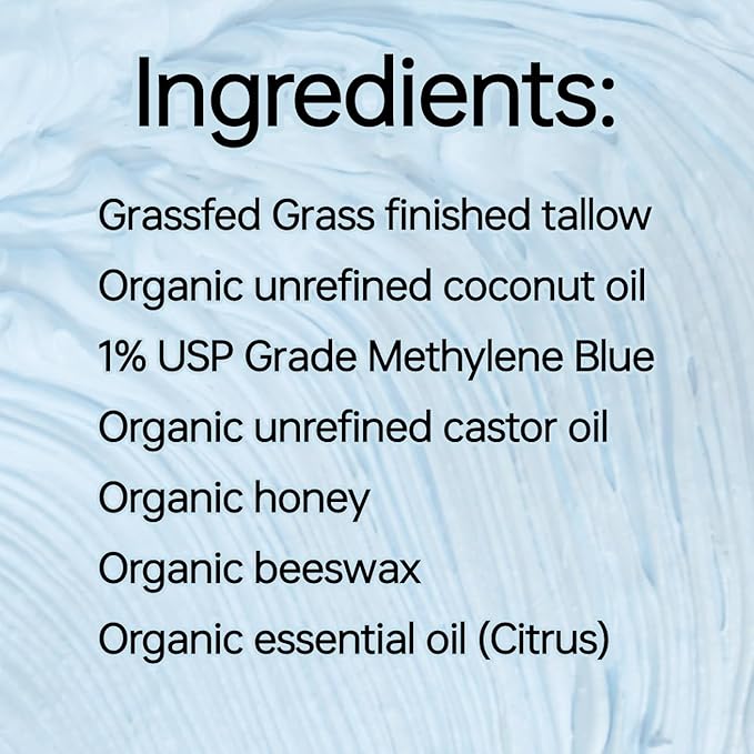 Methylene Blue Infused Whipped Grass Fed Beef Tallow Balm, Anti-Aging, Moisturizer, Stretchmarks, Rosacea, Psoriasis, Eczema, Acne, All skin types, Organic Ingredients 3.4oz