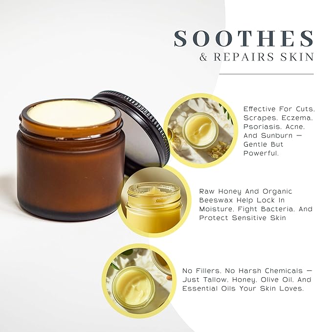 Vanman’s Tallow and Honey Balm - Grass-Fed/Finished Bison Tallow and Essential Oils, Raw Manuka Honey, Organic Royal Jelly, Beeswax, Cold Pressed Olive Oil - Tallow Skin Care for Dry Skin - 2.4 oz