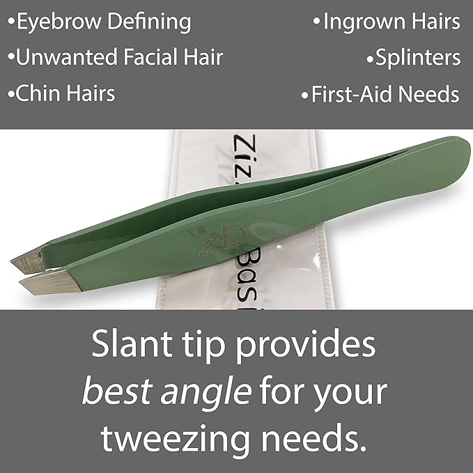 Tweezers – Surgical Grade Stainless Steel - Slant Tip for Expert Eyebrow Shaping and Facial Hair Removal – with Protective Pouch (Sage)