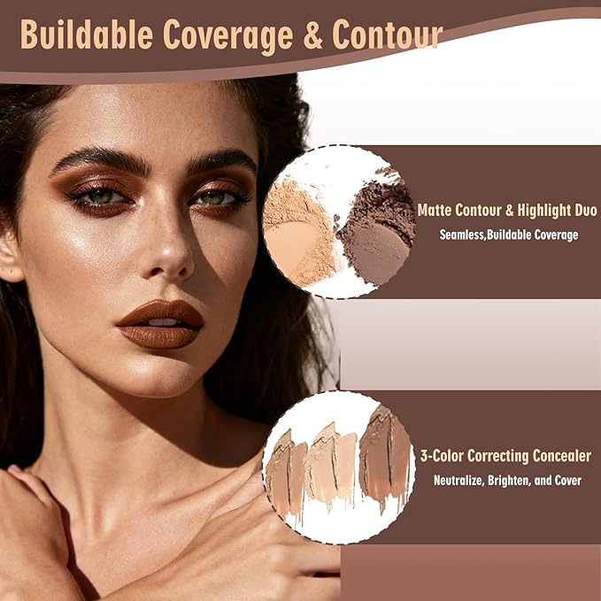 All in One Makeup Palette with 3 Brushes - Foldable Travel Make Up Kit Set includes Highly Pigmented Eyeshadow, Buildable Contour, Correction Concealer, Shine Highlighter, Blush, Lip for Face Paint