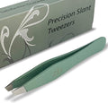 Tweezers – Surgical Grade Stainless Steel - Slant Tip for Expert Eyebrow Shaping and Facial Hair Removal – with Protective Pouch (Sage)