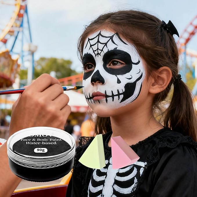 Black Face Paint 90g (3.17 0z) Non-Toxic, Water Activated Face Painting Kit for Kids Adults, SFX Makeup Large Capacity Facepaint Palette for Halloween,Cosplay,Theater Party,Skull Joker Special Effects