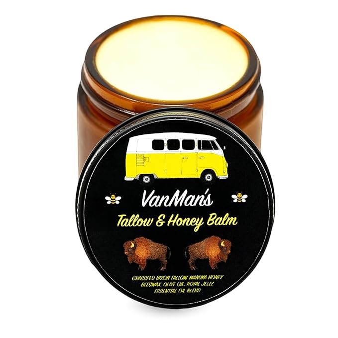 Vanman’s Tallow and Honey Balm - Grass-Fed/Finished Bison Tallow and Essential Oils, Raw Manuka Honey, Organic Royal Jelly, Beeswax, Cold Pressed Olive Oil - Tallow Skin Care for Dry Skin - 2.4 oz