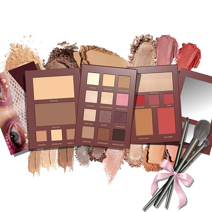 All in One Makeup Palette with 3 Brushes - Foldable Travel Make Up Kit Set includes Highly Pigmented Eyeshadow, Buildable Contour, Correction Concealer, Shine Highlighter, Blush, Lip for Face Paint