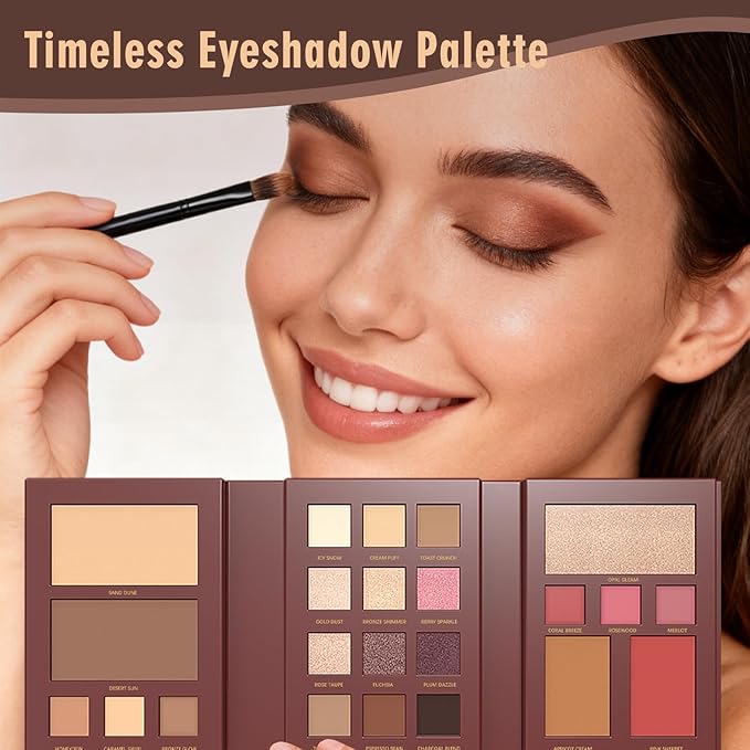 All in One Makeup Palette with 3 Brushes - Foldable Travel Make Up Kit Set includes Highly Pigmented Eyeshadow, Buildable Contour, Correction Concealer, Shine Highlighter, Blush, Lip for Face Paint