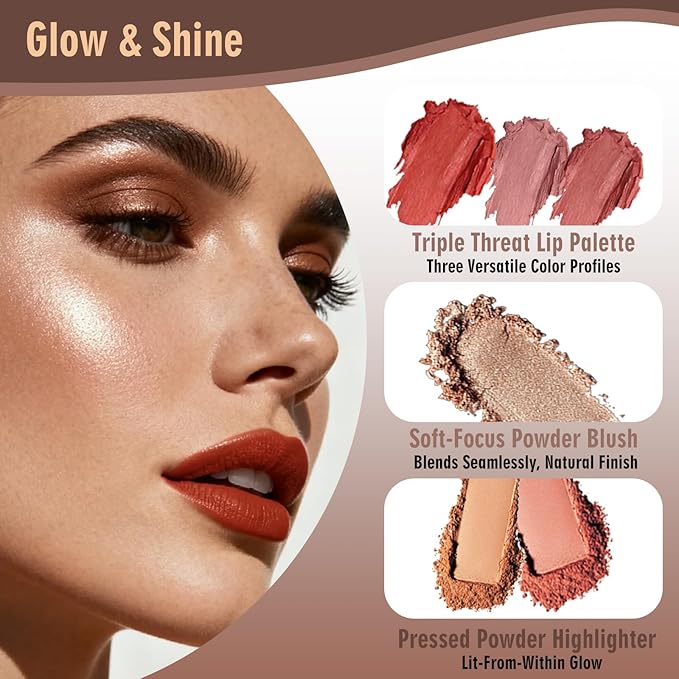 All in One Makeup Palette with 3 Brushes - Foldable Travel Make Up Kit Set includes Highly Pigmented Eyeshadow, Buildable Contour, Correction Concealer, Shine Highlighter, Blush, Lip for Face Paint