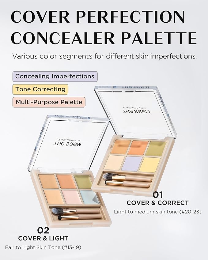 THESAEM Cover Perfection Concealer Palette - 01 Cover and Correct for Medium Skin Tones 20-23 - 6-Color Multi Concealer Palette with Dual Brush - Korean Makeup for Blemishes, Dark Circles & Redness