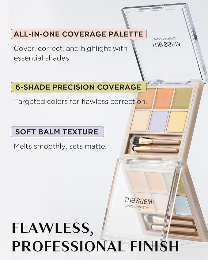 THESAEM Cover Perfection Concealer Palette - 01 Cover and Correct for Medium Skin Tones 20-23 - 6-Color Multi Concealer Palette with Dual Brush - Korean Makeup for Blemishes, Dark Circles & Redness