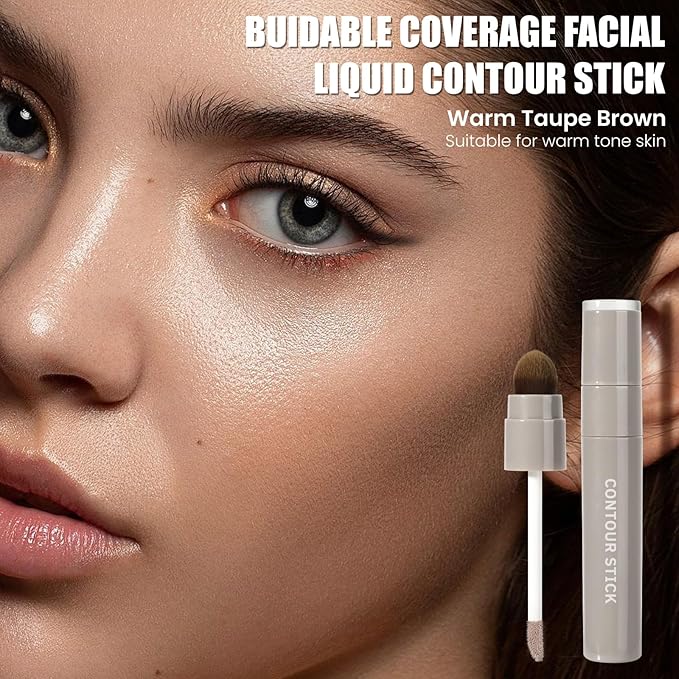 2PCS Cool Toned Liquid Contour Stick with Brush, Natural & Cool Grey Brown Cream Contour Bronzer Makeup Stick for Long Lasting Blendable Matte Face Nose-Contour Makeup, Contorno Maquillaje (#01+#02)