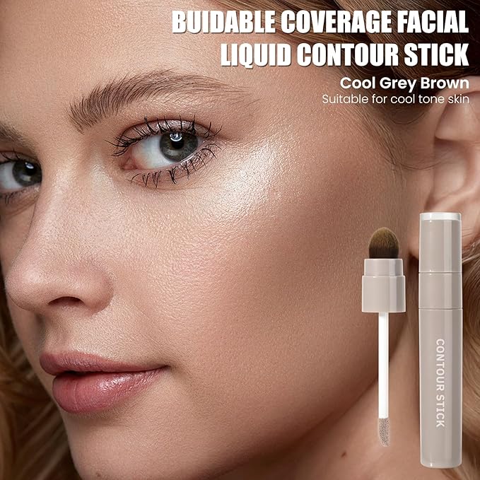 2PCS Cool Toned Liquid Contour Stick with Brush, Natural & Cool Grey Brown Cream Contour Bronzer Makeup Stick for Long Lasting Blendable Matte Face Nose-Contour Makeup, Contorno Maquillaje (#01+#02)
